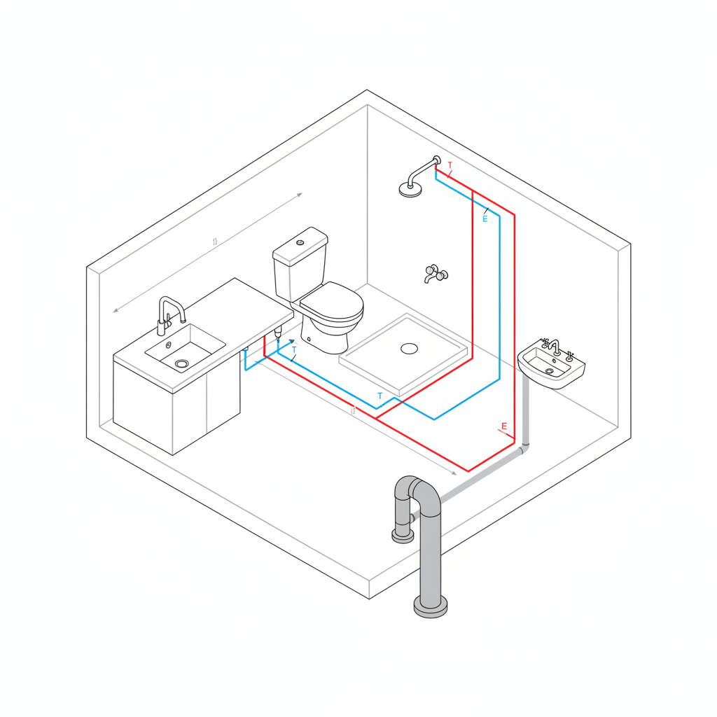 Vista isométrica das instalações hidráulicas e sanitárias de uma cozinha colada a um banheiro, com tubulação de água fria, água quente e esgoto